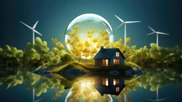 Zdjęcie koncepcja zielonej energii krajobraz z turbiną wiatrową zrównoważona czysta energia i zdrowy styl życia