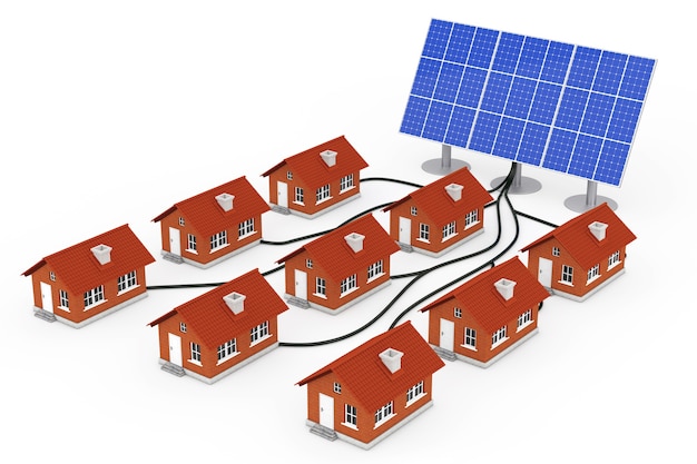 Zdjęcie koncepcja zielonej energii. wiele domów podłączonych do panelu słonecznego na białym tle. renderowanie 3d.