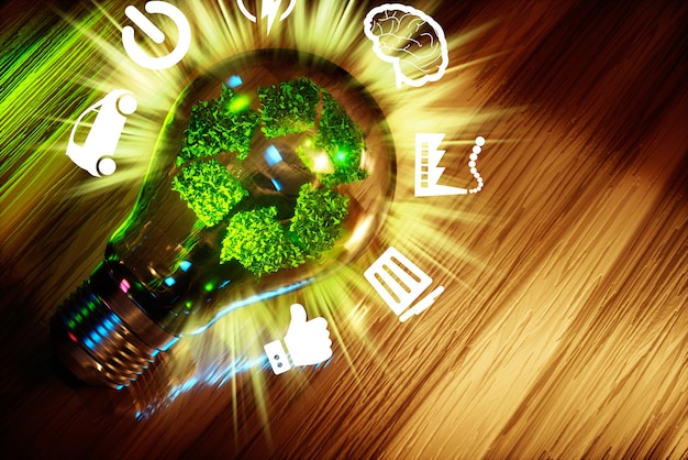 Zdjęcie koncepcja zielonej technologii recyklingu znak w bulbl. renderowanie 3d.