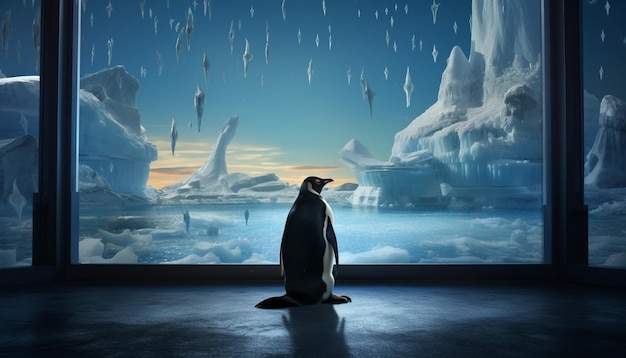 koncepcja zmian klimatycznych pingwin w muzeum patrząc