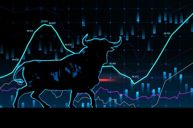 Zdjęcie koncepcja zwyżkowego rynku świecący hologram byka nad wykresem forex na ciemnej teksturze koncepcja handlu i inwestycji renderowanie 3d