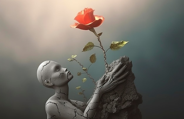 Koncepcja życia, wolności i nadziei Wyobraźnia surrealistycznego kwiatu sceny ze złamaną ludzką rzeźbą cyfrową grafiką ilustracyjną AI Generative