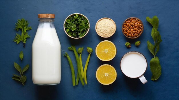 Zdjęcie koncepcja żywieniowa produktów spożywczych i napojów z mleka sojowego