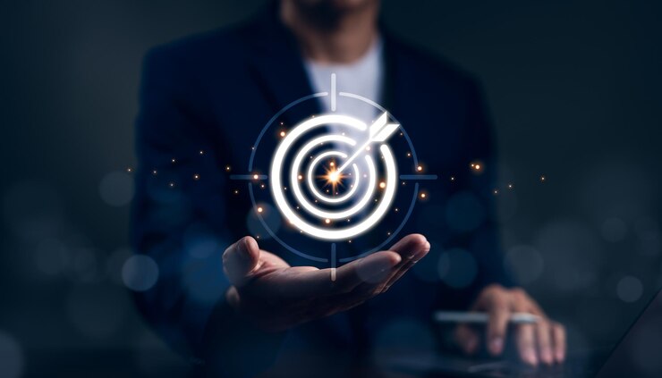 Zdjęcie koncepcje celów wzrostu biznesu i marketingu ręce biznesmena pokazują cele i cele dla rozwijającego się biznesu cel, cel, strategia, plan działania cel, sukces, osiągnięcia, firma, biznes startowy
