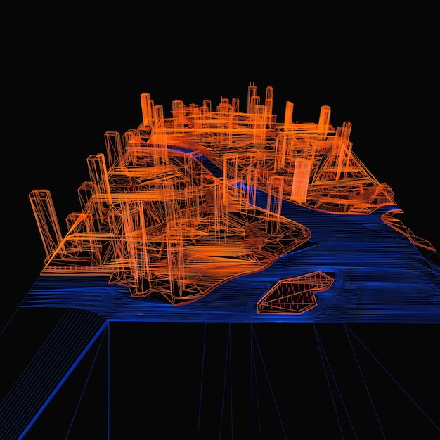 Zdjęcie koncepcyjna ilustracja 3d miasta noc z oświetleniem od świecącej wody. renderowania 3d.