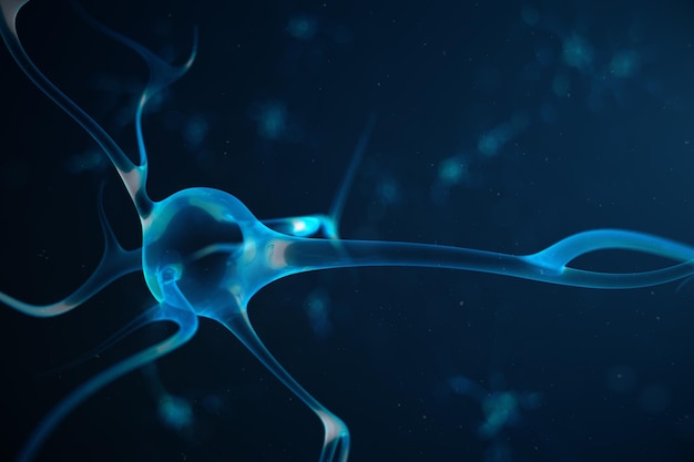 Koncepcyjna ilustracja komórek neuronowych z węzłami łącza. Synapsy i neurony wysyłające elektryczne sygnały chemiczne. Neuron połączonych neuronów z impulsami elektrycznymi. ilustracja 3D