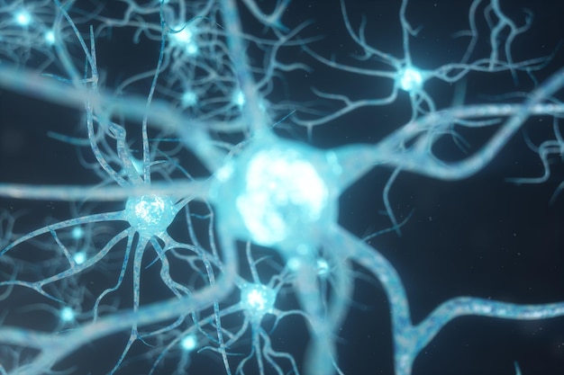 Koncepcyjna ilustracja komórek neuronowych ze świecącymi węzłami łącza. Synapsy i neurony wysyłające elektryczne sygnały chemiczne. Neuron połączonych neuronów z impulsami elektrycznymi, ilustracja 3D