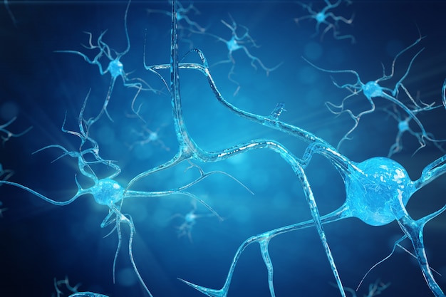 Koncepcyjna ilustracja komórek neuronu ze świecącymi węzłami połączenia. Komórki synapsy i neuronu wysyłają elektryczne sygnały chemiczne. Neuron połączonych neuronów za pomocą impulsów elektrycznych. Ilustracja 3D