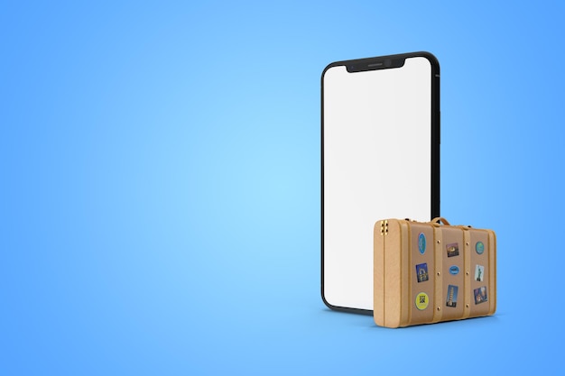 Koncepcyjna ilustracja smartfona z pustym białym ekranem z miejscem na kopię w pobliżu walizki