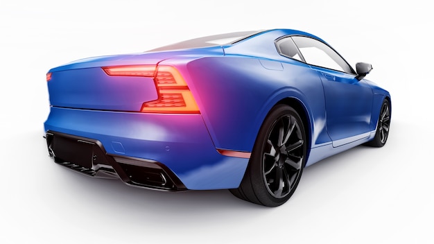 Koncepcyjne sportowe coupe premium. Niebieski samochód na białym tle. Hybryda typu plug-in. Technologie transportu ekologicznego. renderowania 3D.
