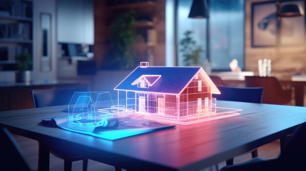 Koncepcyjny holo 3D model małego domu na stole w agencji nieruchomości