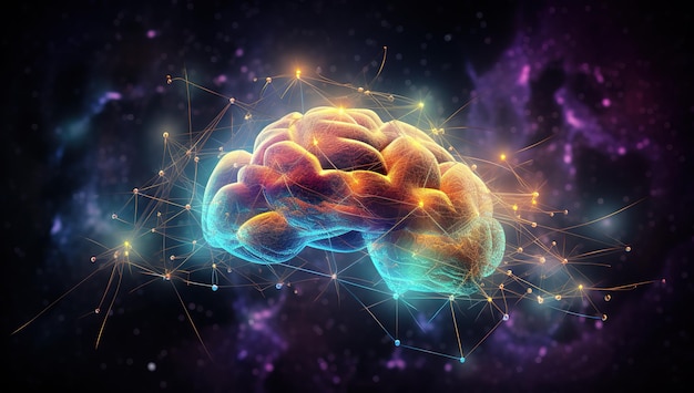 Koncepcyjny obraz mózgu z połączeniami neuronowymi na tle kosmicznym symbolizujący sztuczną inteligencję i procesy poznawcze Koncepcja sieci neuronowych i sztucznej inteligencji