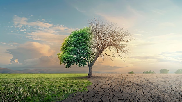 Koncepcyjny obraz suchej ziemi z samotnym drzewem w środku