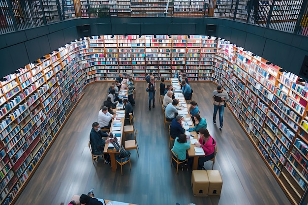 Koncepcyjny obraz Światowy Dzień Książki ludzie czytający książki w dużej dużej bibliotece