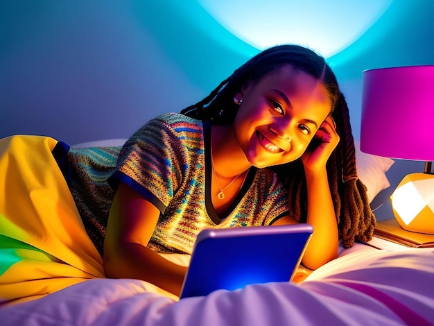 Konceptualna Afroamerykanka uśmiecha się, patrząc na kamerę ze swoim tabletem na ilustracji łóżka