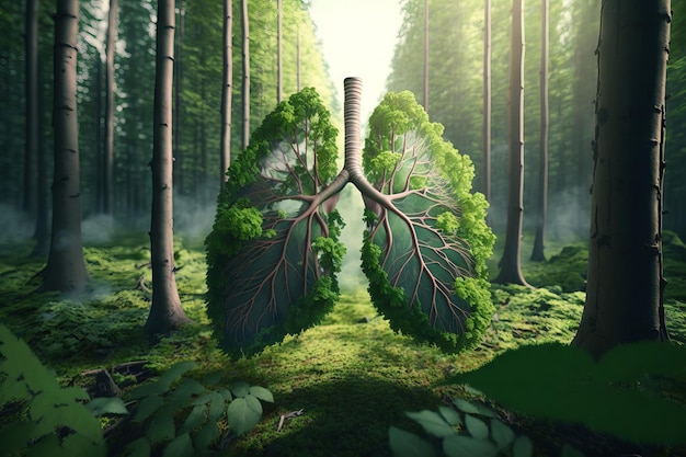 Zdjęcie konceptualna generatywna ilustracja ai anatomii ludzkich płuc w zielonym lesie