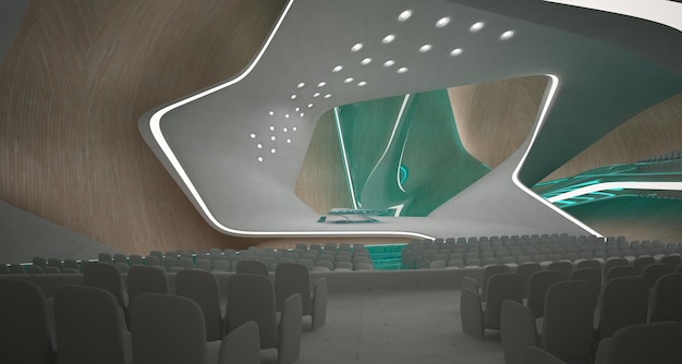 Konceptualny abstrakcyjny projekt wnętrza sali koncertowej i fortepianu w nowoczesnym stylu 3D