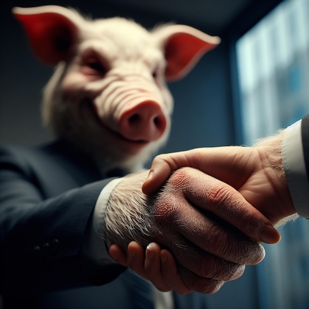 Zdjęcie konceptualny obraz biznesmena hybida z postacią zwierzęcą świnia ilustracja hiperrealistyczna
