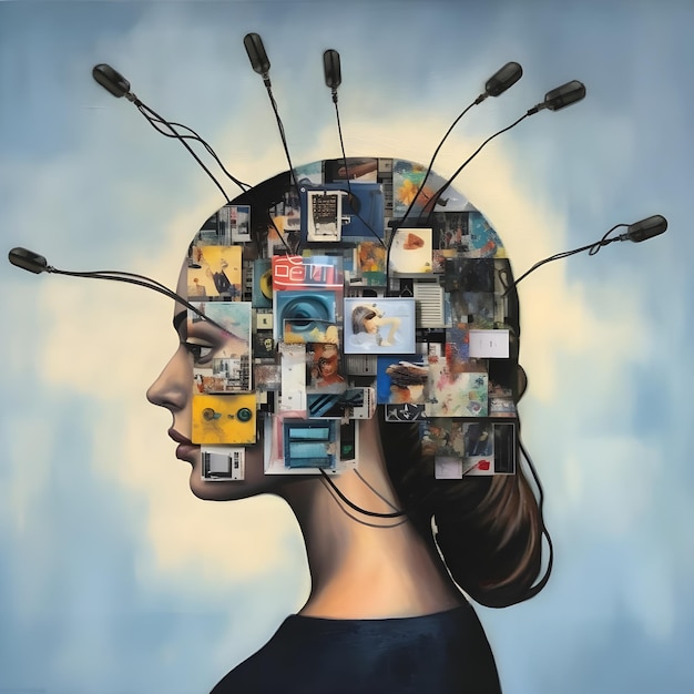 Konceptualny obraz kobiecej głowy z ikonami mediów społecznościowych