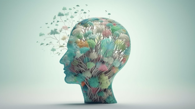Konceptualny obraz ludzkiej głowy z kolorowym mózgiem i jesiennymi liśćmi koncepcji zdrowia psychicznego