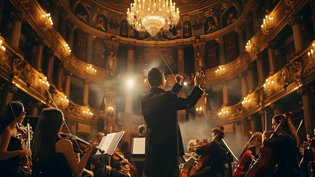 Zdjęcie koncert muzyki klasycznej w opulent hall orchestra w pełnym rozkwicie pod przewodnictwem pasjonowanego dyrygenta