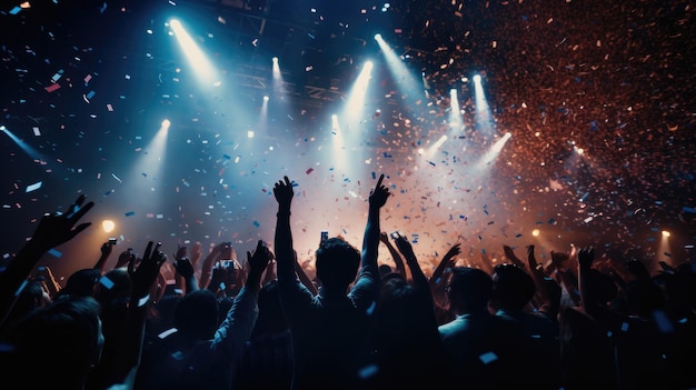 Koncert rockowy, impreza, festiwal, nocny klub, tłum cheering, światła na scenie i konfetti.