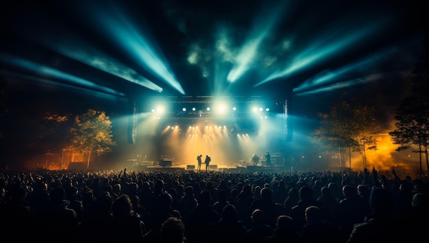 Koncert rockowy na scenie Światła oświetlają wielu widzów stojących przed sceną Generatywna sztuczna inteligencja