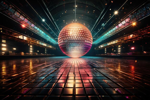 Koncert taneczny z epoki disco z lat 70. z błyszczącą piłką disco i neonowymi światłami