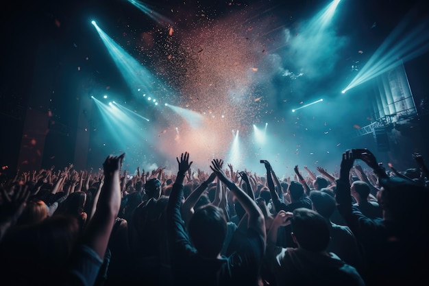 Koncerty rockowe, imprezy, festiwale, kluby nocne, rozbrzmiewający tłum, światła scenowe i konfetti.