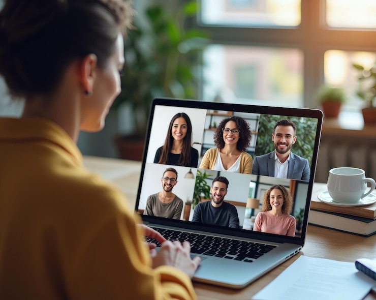 konferencja wideo na laptopie z zespołem roboczym