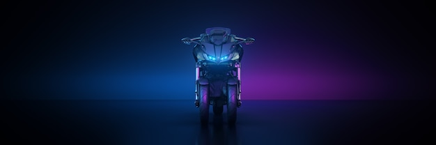 Konfiguracja studia motocyklowego na ciemnym tle renderowania 3d