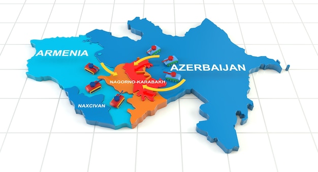 Konflikt armeńsko-azerbejdżański w Górskim Karabachu na mapie geograficznej 3D. renderowanie 3d