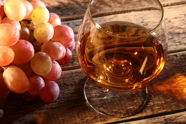 Zdjęcie koniak lub brandy w szklanych i świeżych winogronach życie w wieśniaka stylu, rocznika drewniany tło, selekcyjna ostrość.