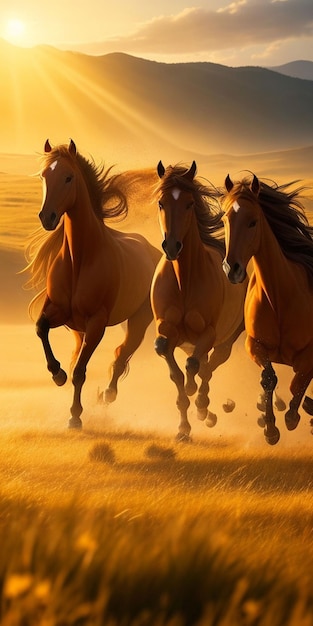 Konie biegają galopem na łące o zachodzie słońca Piękny krajobraz