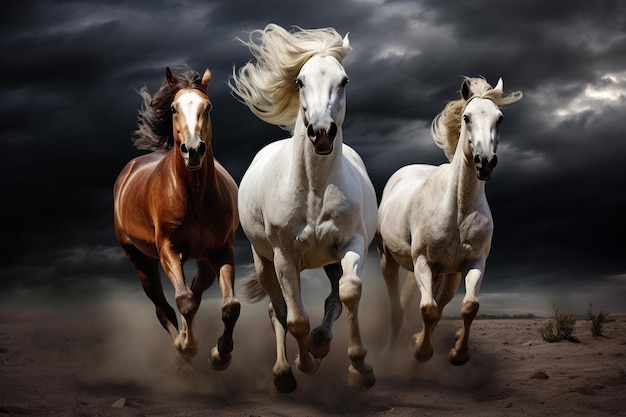konie biegające na wietrze z ciemnymi chmurami w tle
