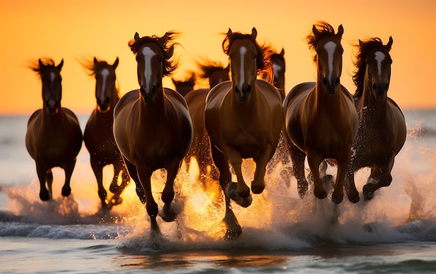 Zdjęcie konie biegające po plaży o zachodzie słońca
