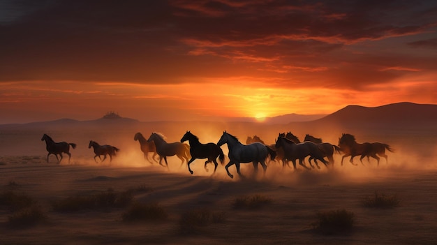 Konie biegające po pustyni o zachodzie słońca