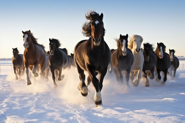 konie galopujące swobodnie przez zaśnieżony krajobraz AI generatywne
