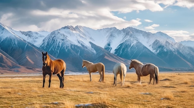 Konie na pastwisku w pobliżu gór w Kazachstanie