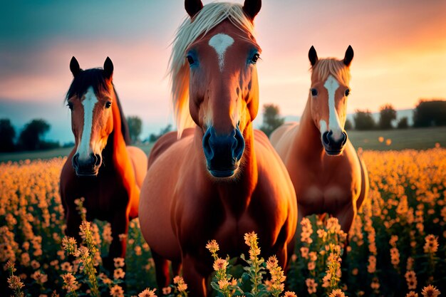 Zdjęcie konie palomino stojące kwiaty generacyjna sztuczna inteligencja