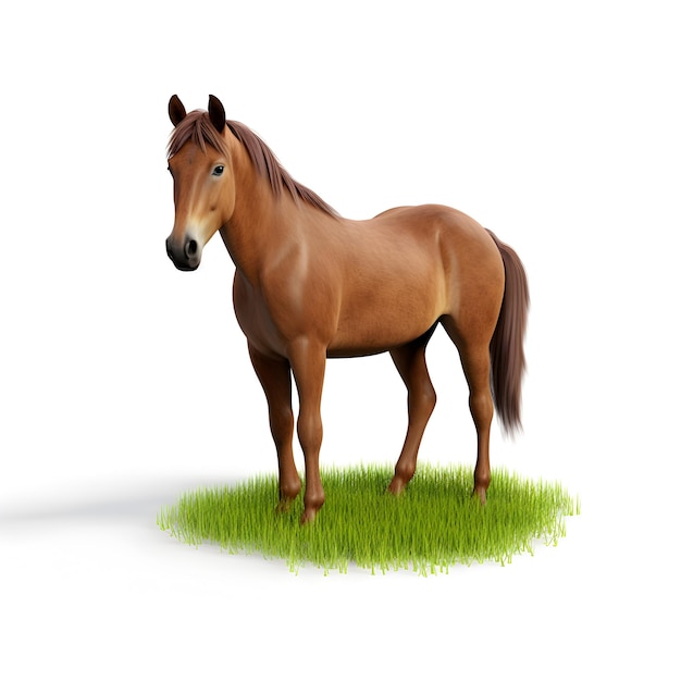 Konie z kreskówki 3D na trawie izolowane na białym