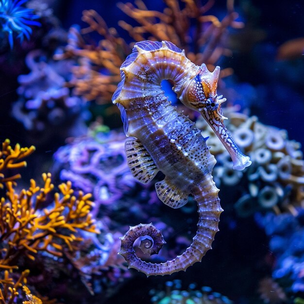 Konik morski otoczony jest wodorostami i koralowcami.