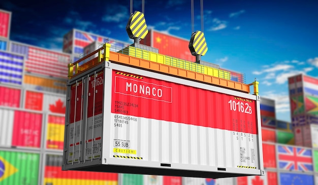 Kontejner towarowy z flagą narodową Monako w ilustracji 3D