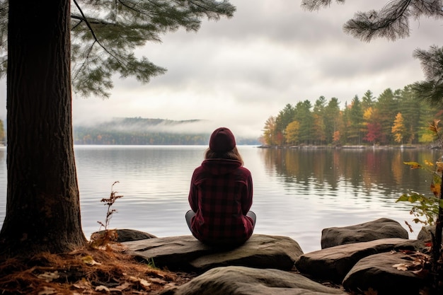 Kontemplacyjna obserwacja nad jeziorem Saranac w sezonie jesiennym w Adirondacks w Nowym Jorku