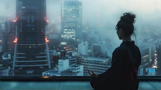 Kontemplacyjna postać kobiety z widokiem na dystopijny krajobraz miejski w nocy