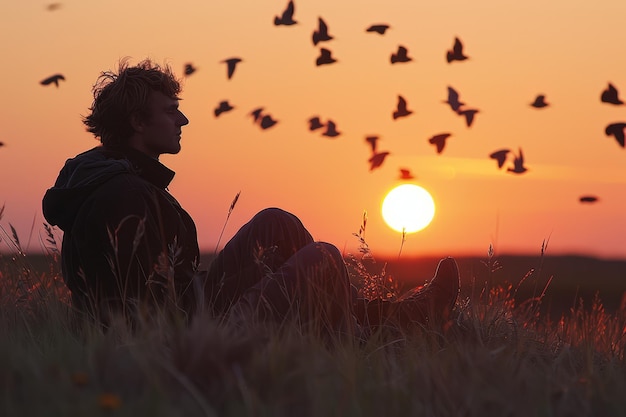 Zdjęcie kontemplacyjny człowiek obserwujący wschód słońca wśród stada ptaków