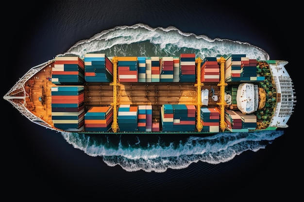 Kontenerowiec żeglujący w widoku z góry morza Cargo statek morski przewożący kontenery na wodzie Generowane AI