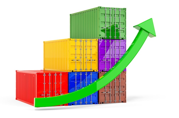 Kontenery ładunkowe z rosnącą zieloną strzałką renderowania 3D