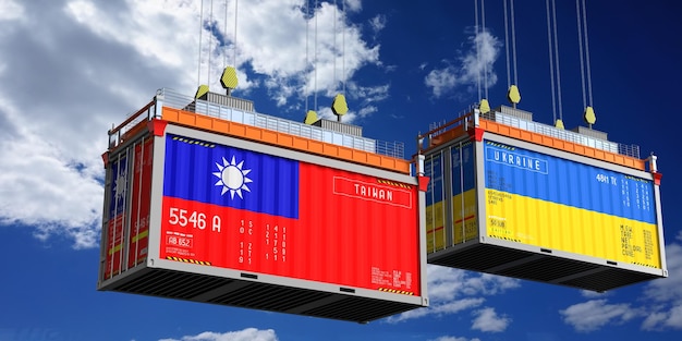 Kontenery żeglugowe z flagami Tajwanu i Ukrainy ilustracja 3D