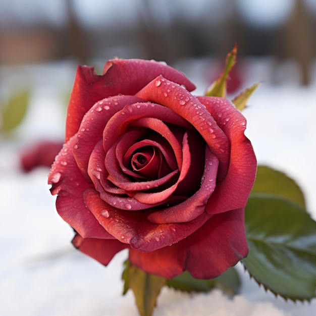 Zdjęcie kontrastowe piękno zbliżenie karmazynowej róży na śnieżnym tle dla rozmiaru postu w mediach społecznościowych